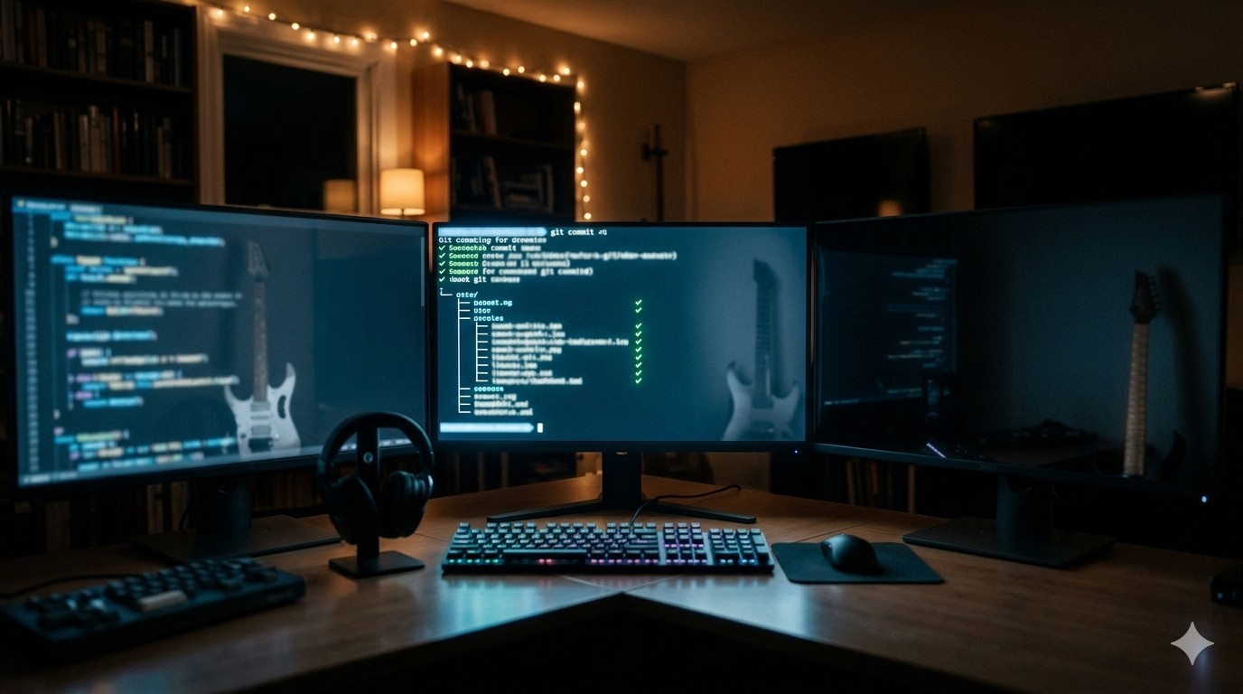 A night-time AI composite of a home music studio
